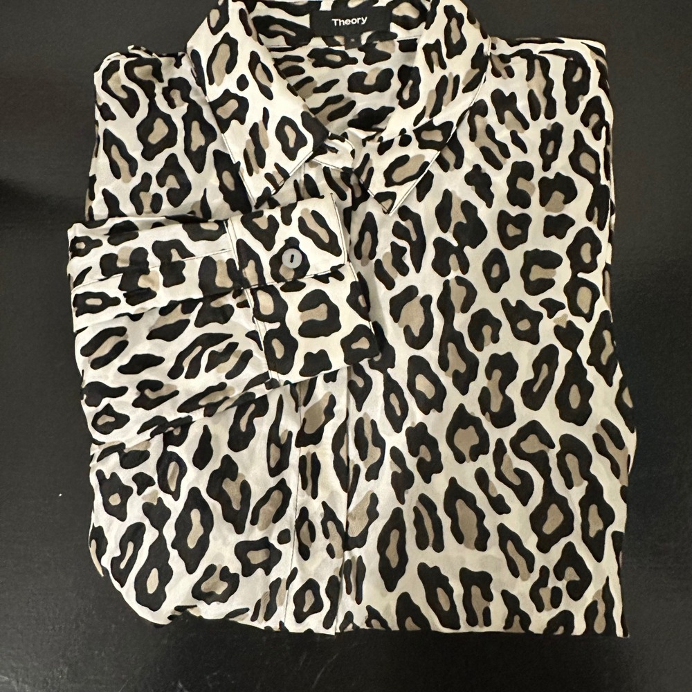 Theory Silk Leopard Print Button Down Shirt Classic Straight Habotai K0102505 S